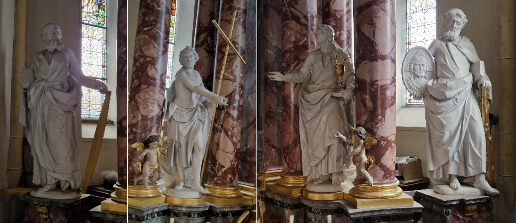 Apostel Apostel Simon (Säge), Johannes der Täufer (Zeigefinger und Kreuz), Apostel Johannes (Kelch mit entweichender Schlange), Apostel Judas Thaddäus (Christusbild und Keule)